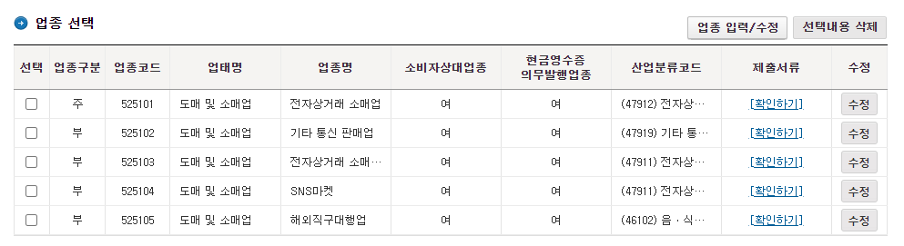 사업자등록증 신청방법 업종 선택 종류