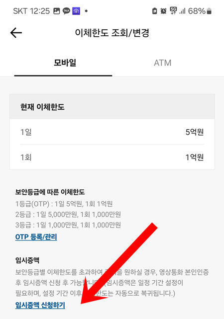 카카오뱅크 이체한도변경 임시증액 신청하기