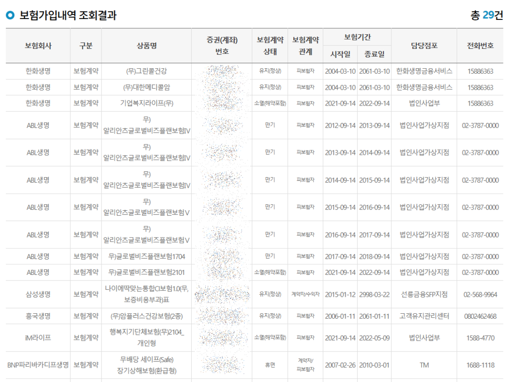 내보험찾아줌 서비스 홈페이지 보험가입내역목록